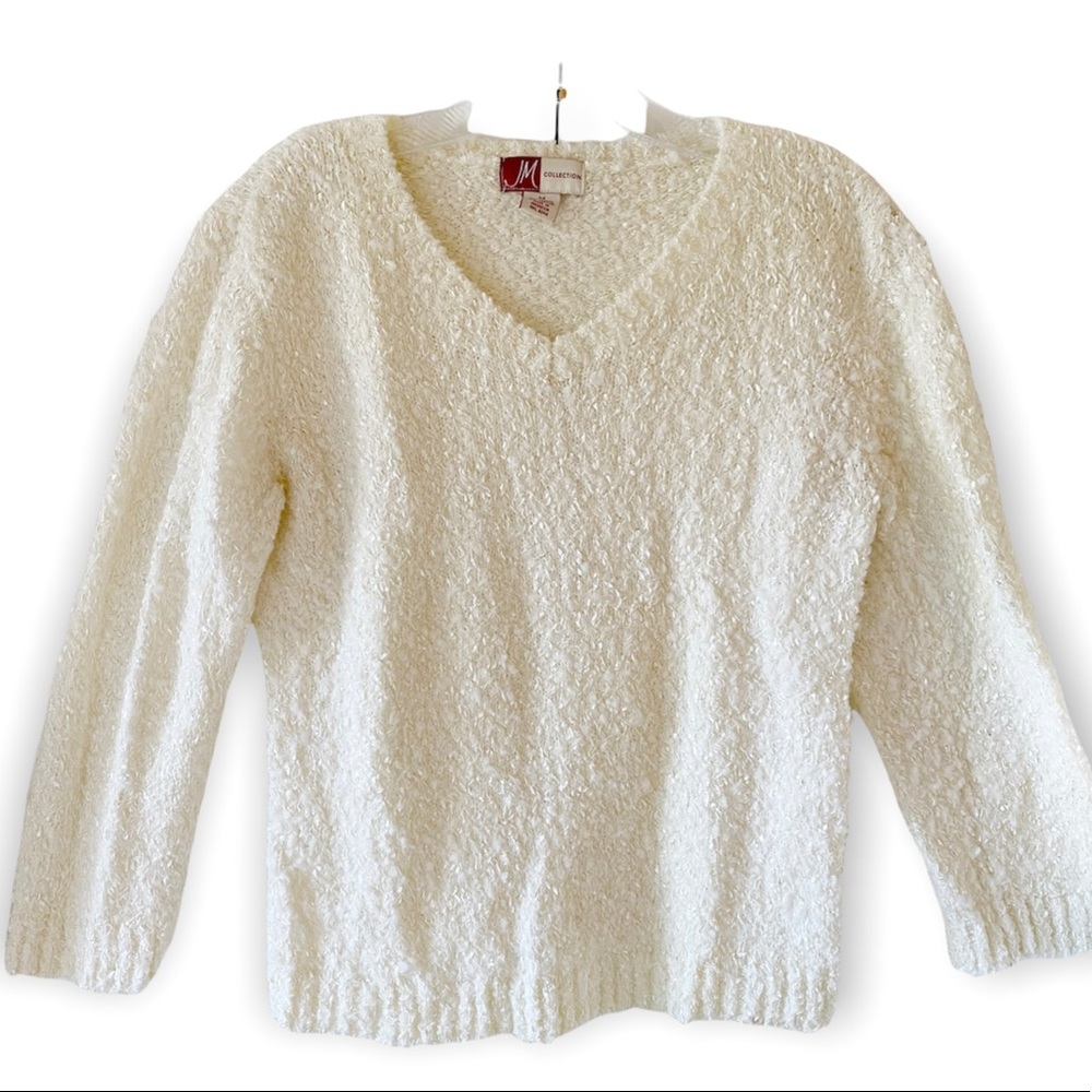 JM Collection Womens Sweater Ivory V-Neck Shaggy Cozy Pullover Long Sleeve M
